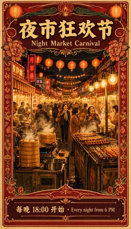 Chinese night market festival poster made with MOSS-Image, with the title 夜市狂欢节 and an English subtitle