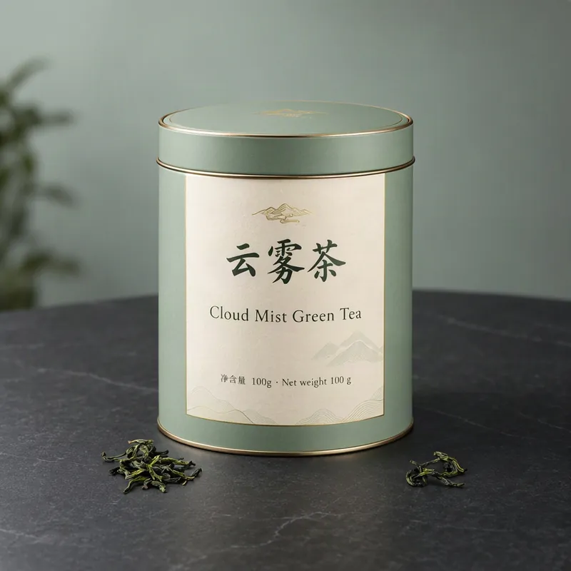 Tea tin packaging with Chinese brush lettering and English text, made with MOSS-Image